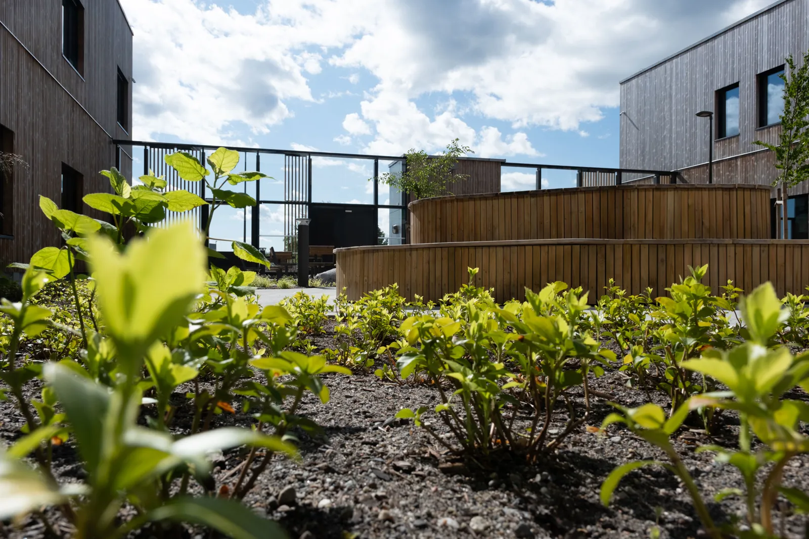 En hage med gjerde og bygninger