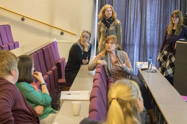 Noen lærere i et audtitorium diskuterer med prosjektgruppa.