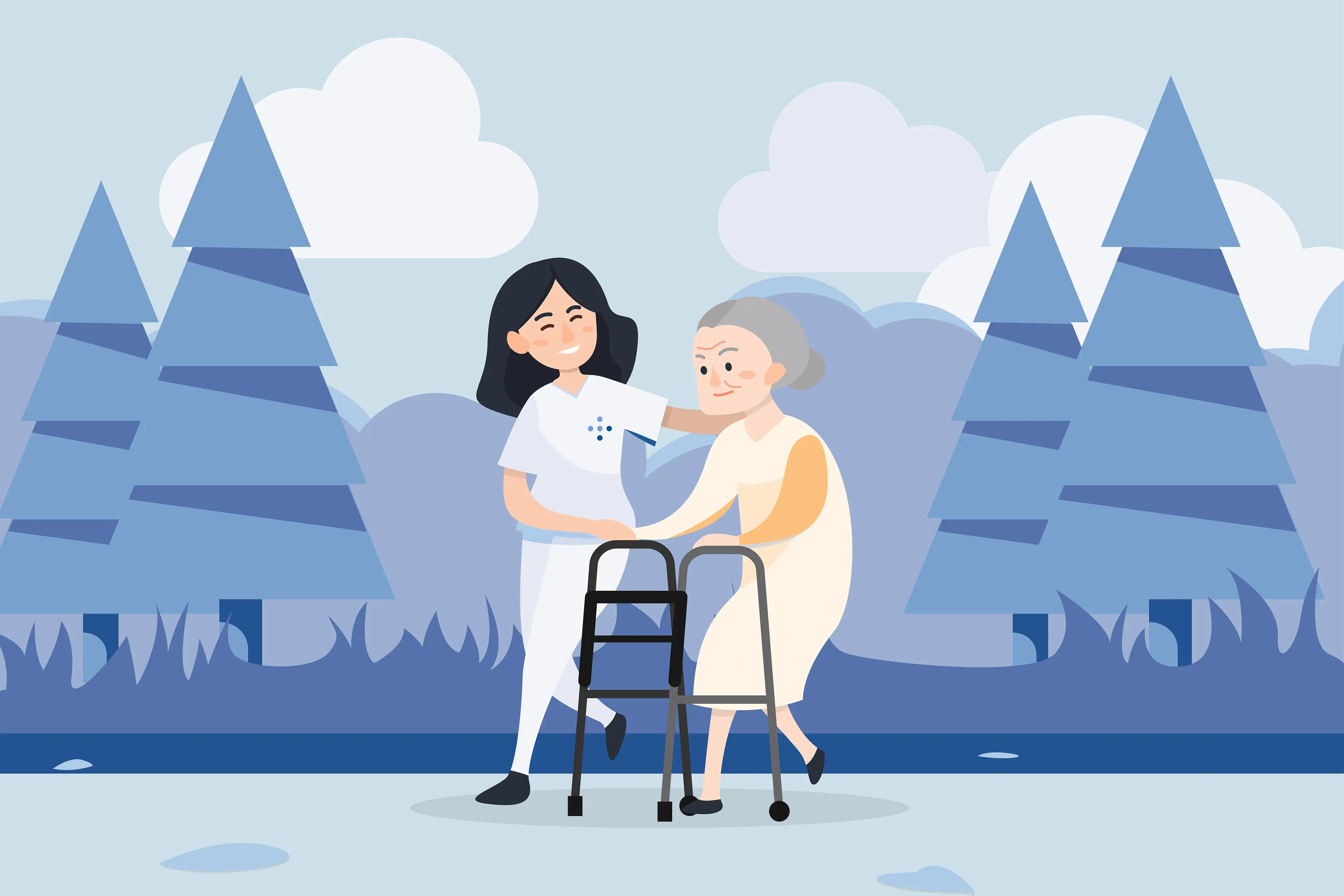 Illustrasjon av helsepersonell som hjelper en eldre pasient.